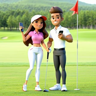 Male and tan skinned female cartoon person on the golf course celebrating a victory with the male having a phone in his hand and the female having a golf club in her hand and is wearing pants only one flag in the background